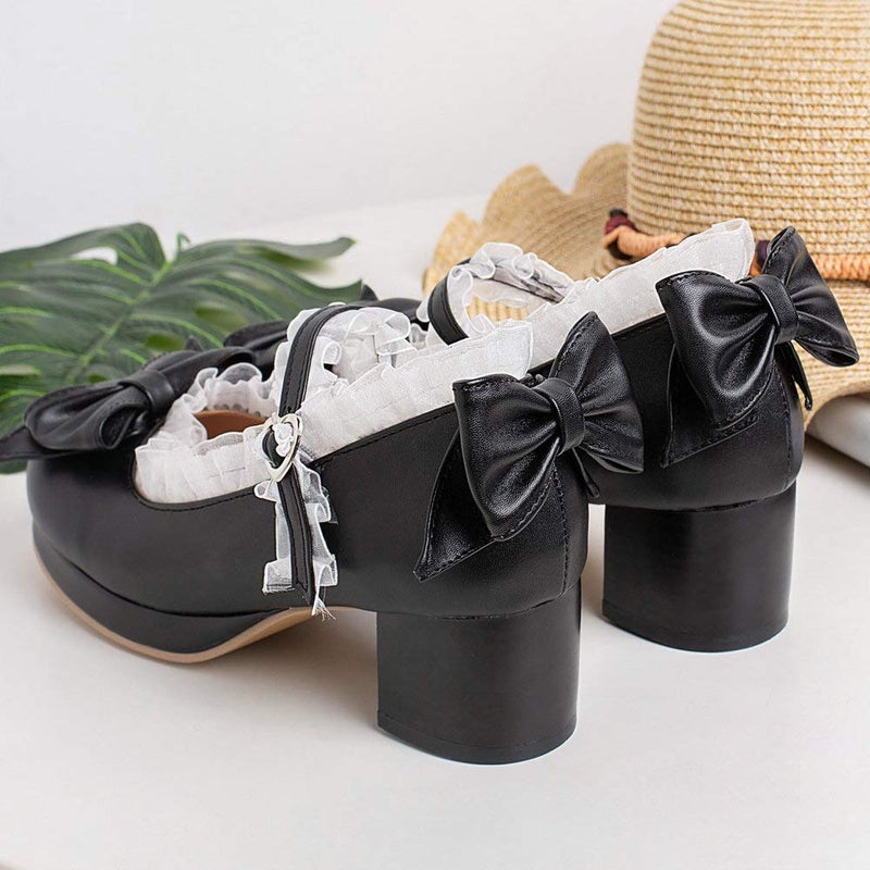 LUXMAX Women Kawaii Mid Block Heel Mary Jane Rockabilly Pumps with Bow Platform Chunky Heel Cute Sweet Shoes, Size 8 M US,Black - Image 5